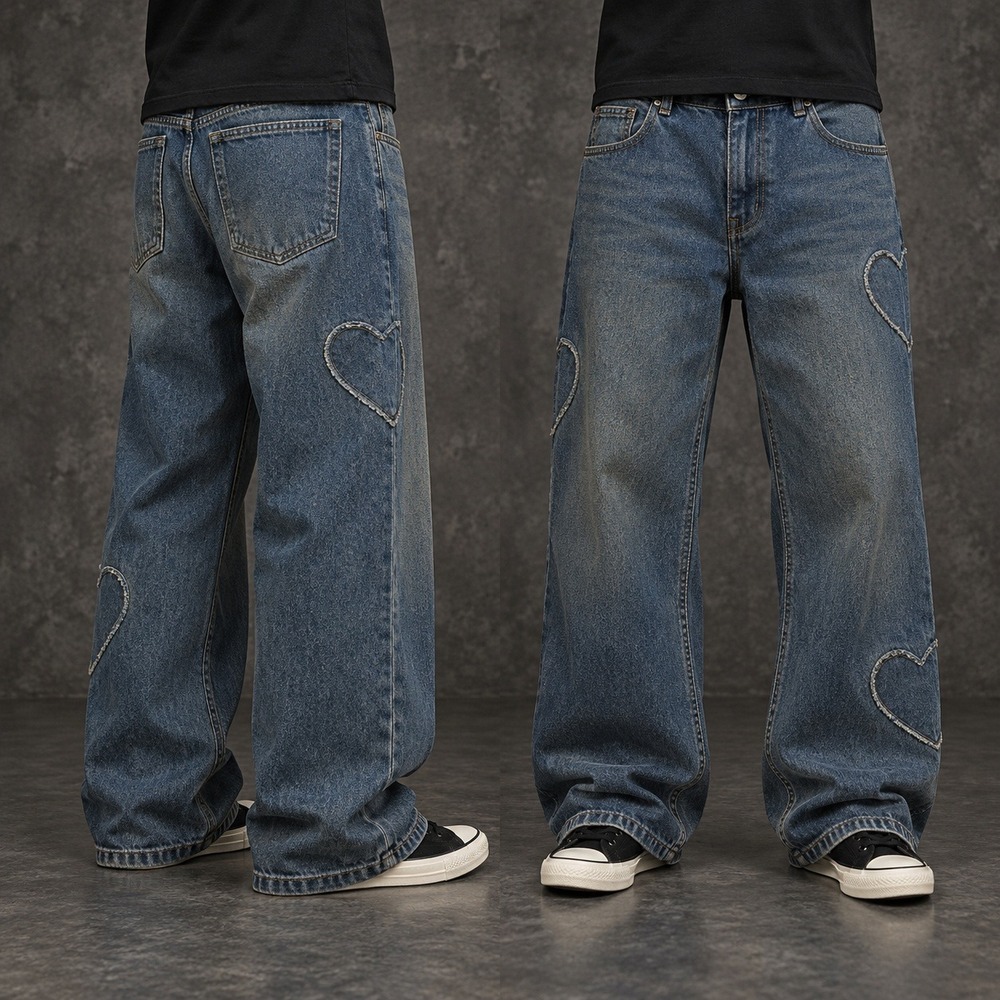 26x28 Blue Baggy Wide Leg Heart Patch Mud Wash Jeans Y2K Grunge